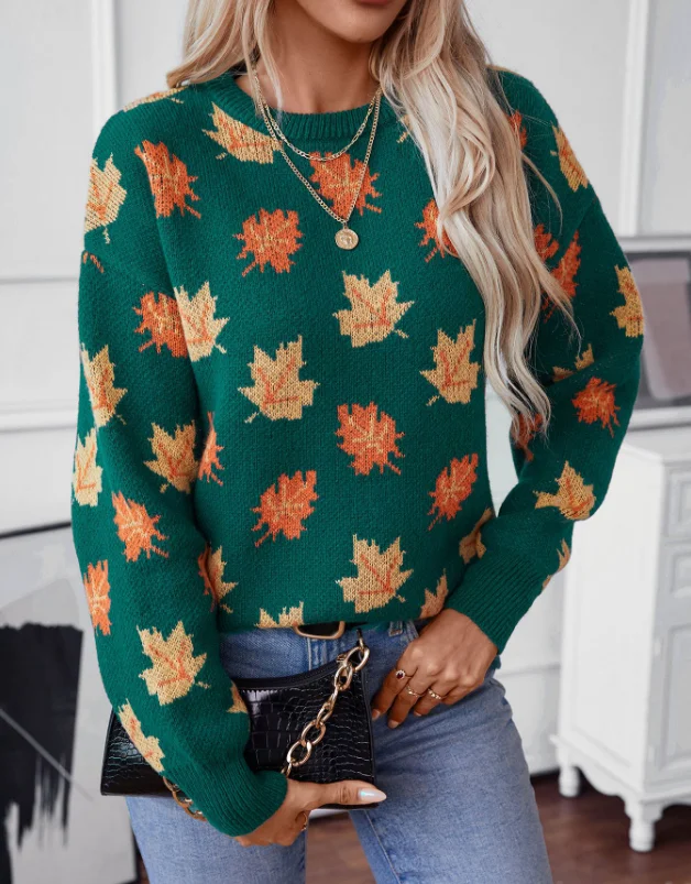 Women's Sweet Sweater 2024 Autumn Winter Latest Maple Leaf Pattern Jacquard Casual Loose Fit Hoodie Round Neck Long Sleeves Top