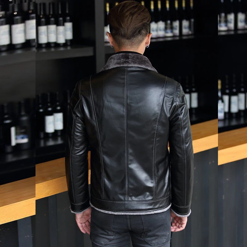 男性用の本物のシープスキンジャケット,厚いフリース,天然皮革と毛皮のスーツ,襟付きコート,韓国のショートパンツ,スリムフィット