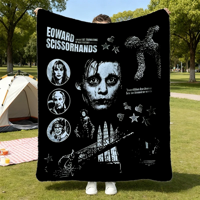 Edward Scissorhands Flannel Blanket, Gothic Fantasy Movie Flannel Throw, Cult Classic 90s Film Graphic Cozy Blanket, Dar