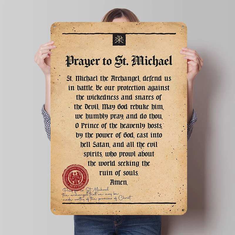 Prayer to St. Michael Parchment Tinplate Poster Custom Wall Art Vintage Metal Signs Retro Tin Plaque for Home and Decoration