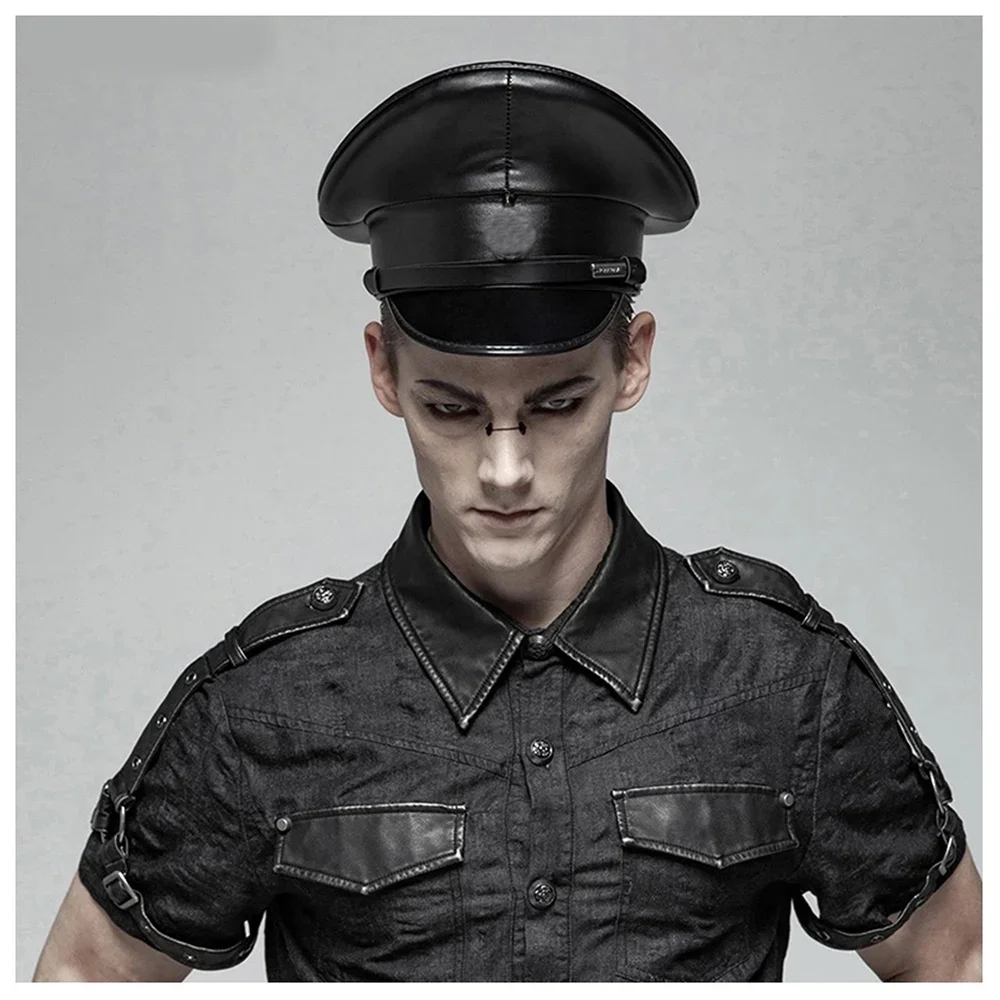 

100% Leather Black Military Hat Germany Officer Visor Cap Army Hat Cortical Steampunk Glasses Police Cap Cosplay Halloween Hat
