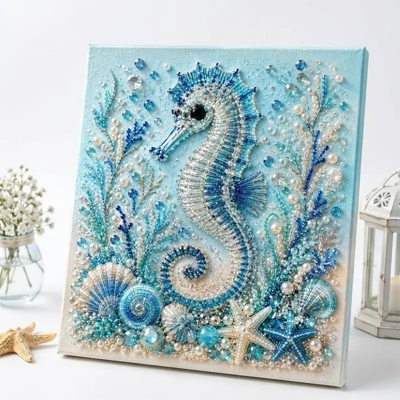 Kit de Arte con Perlas Temática Oceánica, Kit de Manualidades con Perlas 3D de Pulpo y Olas, Arte de Mosaico con Perlas Brillantes de Tortuga Marina, Decoración de Pared para el Hogar