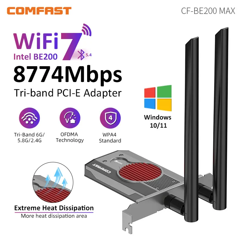 

COMFAST 8774Mbps WiFi 7 PCI-E Network Card 2.4G&5G&6GHz Tri-band Wireless PCIe Adapter Intel BE200 Chip BT5.4 for Win10/11 PC