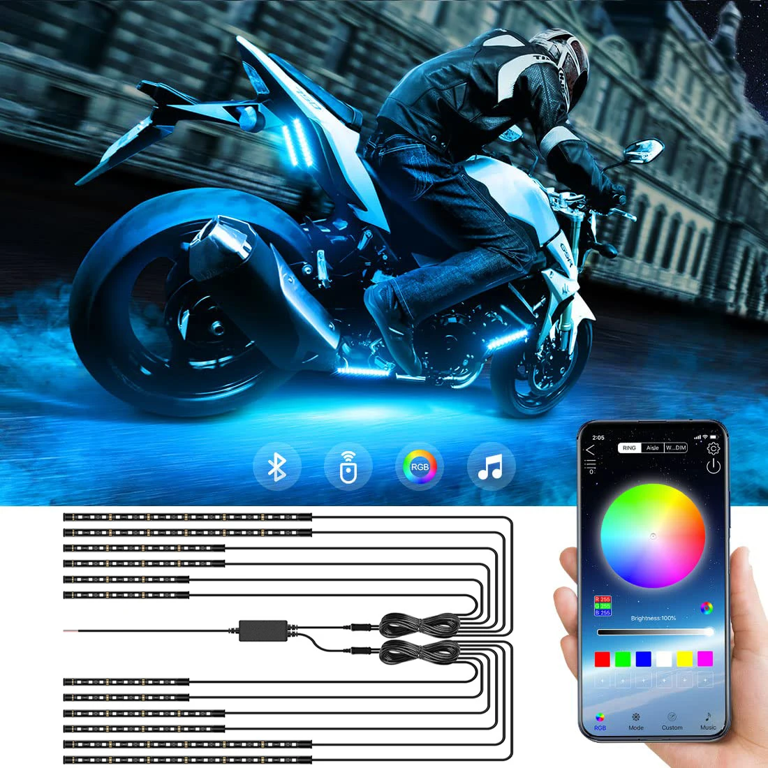 RGB LED Atmosphere Ambient Light Kit W/ APP Music Control Flexible Waterproof Neon Strip For Car Motorcycle Decorative Lamp 12V