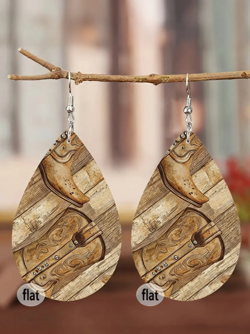 4 Pairs/Set, Women's Fashion Pendant Single-Sided Printed Earring Set, Western Cowboy Boots and Hat Pentagram Print Water Drop Geometric Wooden Earrings, Western Style Retro Pastoral Personality Exaggerated Earrings, Suitable for Music Festivals, Parties, Vacations, Daily Wear, Etc