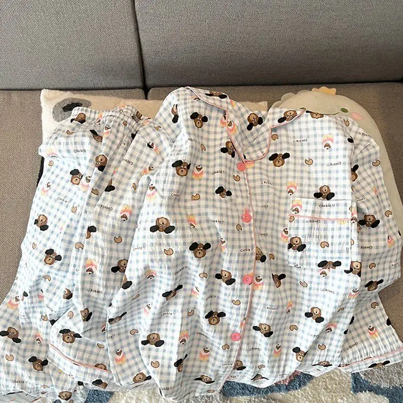 

Harajuku Style Sweet Cute Two Pieces Women's Pajamas Blue Plaid Dog Print Fashion Sleepwear Woman Spring New 2025 Pajamas Set
