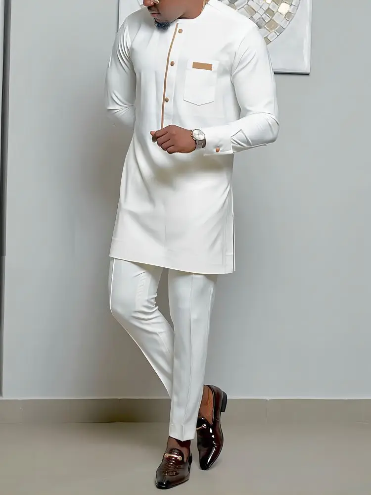 Summer New Men's Suit Banquet National Style Luxury Clothing Embroidered Long-Sleeved Shirt Sweatpants Wedding Men's 2-Piece Set