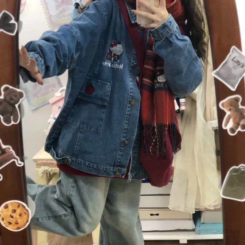 Sanurgente Hello Kitty-Veste en Jean Brodée à Manches sulfpour Femme, Manteau Cardigan Y2k, Mode Japonaise et Coréenne