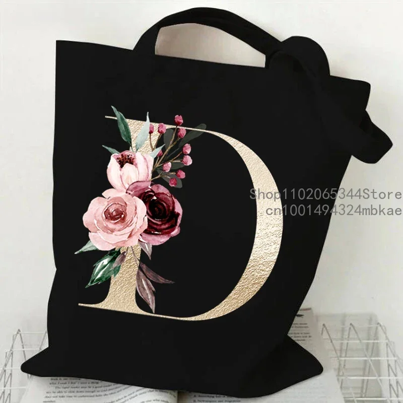 Pink Flower Alphabet Pattern Canvas Shoulder Bag Women A-Z 26 Alphabet Floral Graphic Tote Bags 26 Initials Women Shopping Purse