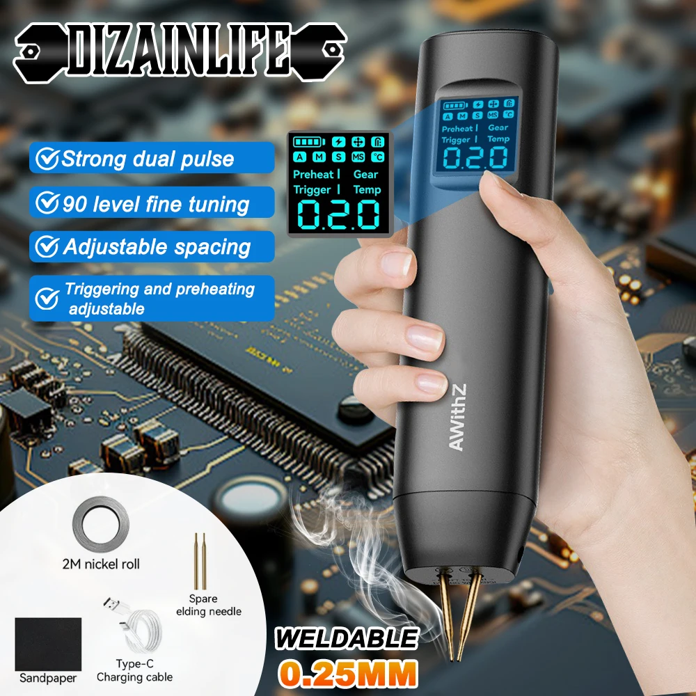 

HD2 Handheld Digital Spot Welder Kit for 18650 Lithium Battery Pack 0.009Inch/0.25mm 90 Gear Adjustable DIY Spot Welding Machine