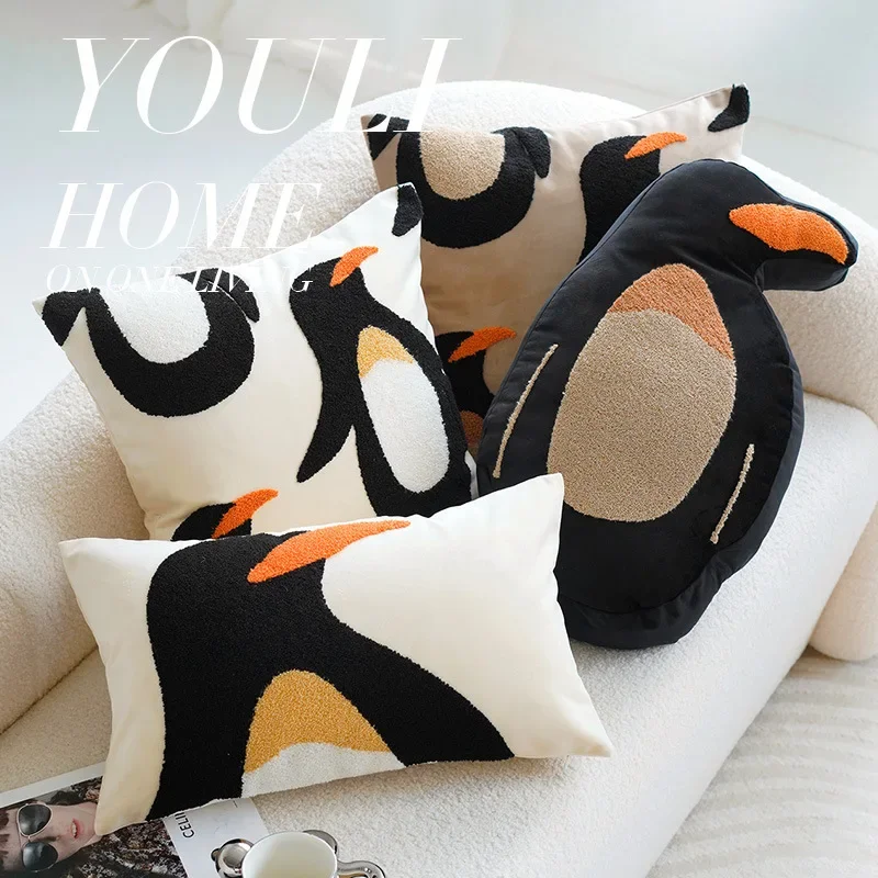 Cartoon Penguin Pillowcase Embroidery Cushion Cover Ins Style Children Home Decorative Cotton Pillowcase for Living Room