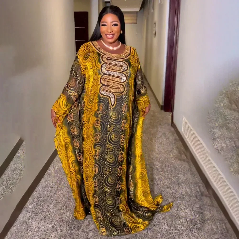

African Print Diamonds Dashiki Dresses Women Muslim Abaya Chiffon Boubou Traditional Islamic Dubai Kaftan Robe Africa Clothing