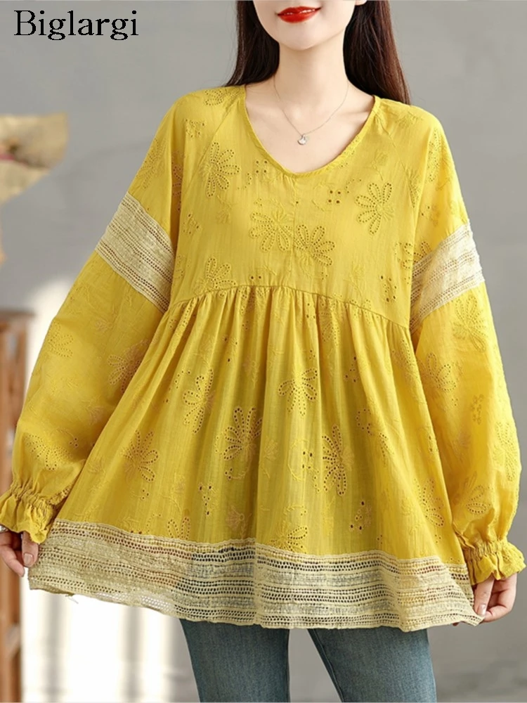

Oversized Autumn Lace Patchwork T-Shirts Women Floral Embroidery Modis Ruffle Ladies Blouses Lantern Long Sleeve Woman T-Shirts