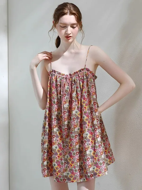 plus Size Summer Thin Floral See-through Short Strap Sleep Dress Women's Sexy Sweet Home Clothes Casual Home Leisure Wear