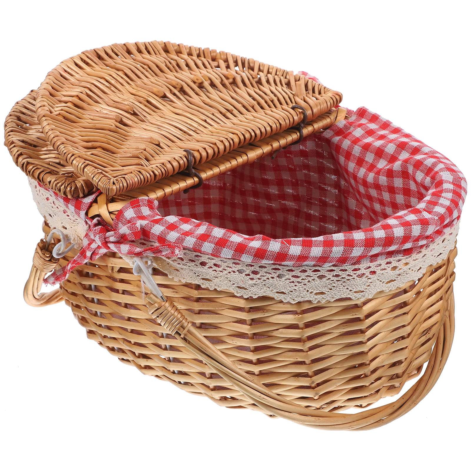

Rattan Picnic Basket Woven Lid Storage Red Checkered Long35cm Wide25cm High17cm Handles Home Decor Gift Vegetable