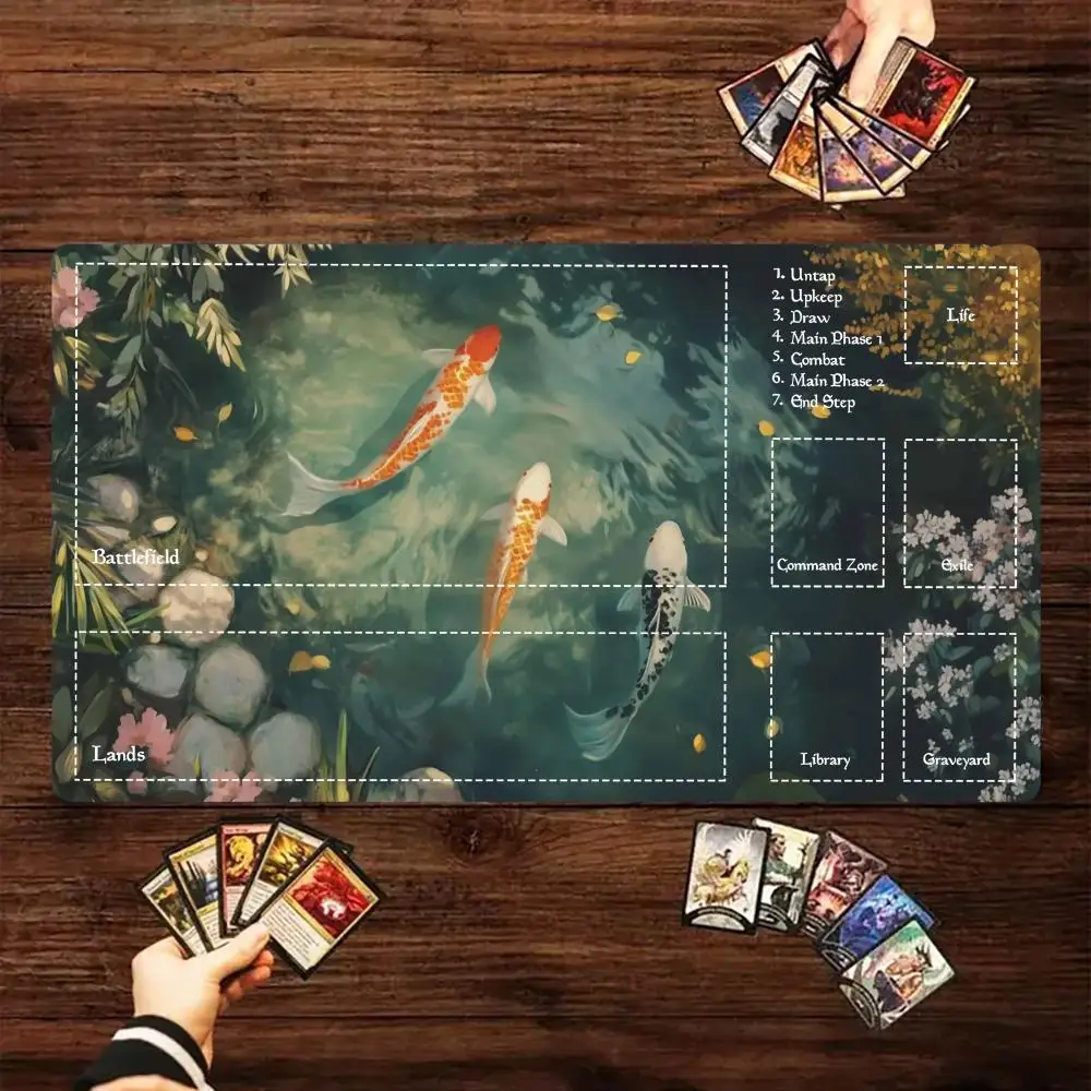 Cute Green Koi Fish Pond Mouse Pad Card Game Mat Large Computer Offices Mousepad XXL Anti-slip for MTG DTCG CCG RPG Trading Mats