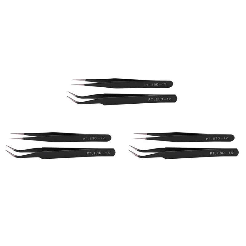 ABIT 6X Nail Art Strass Wimpers Verlenging Rechte en gebogen pincet Gereedschapsset-zwart