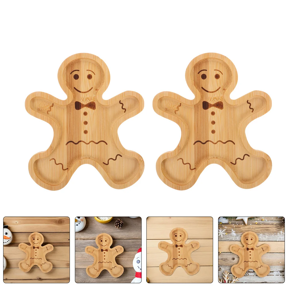 

2Pcs Bamboo Gingerbread Man Plate Christmas Serving Tray for Cookies Cheese Candy Holiday Snack Platter Gingerbread Plate