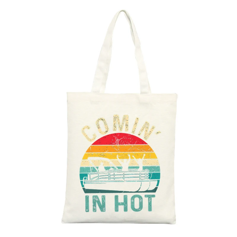 Canvas Tote Bag with Boat and Sunset Graphic, Vintage Style for Summer Outings and Casual Shopping