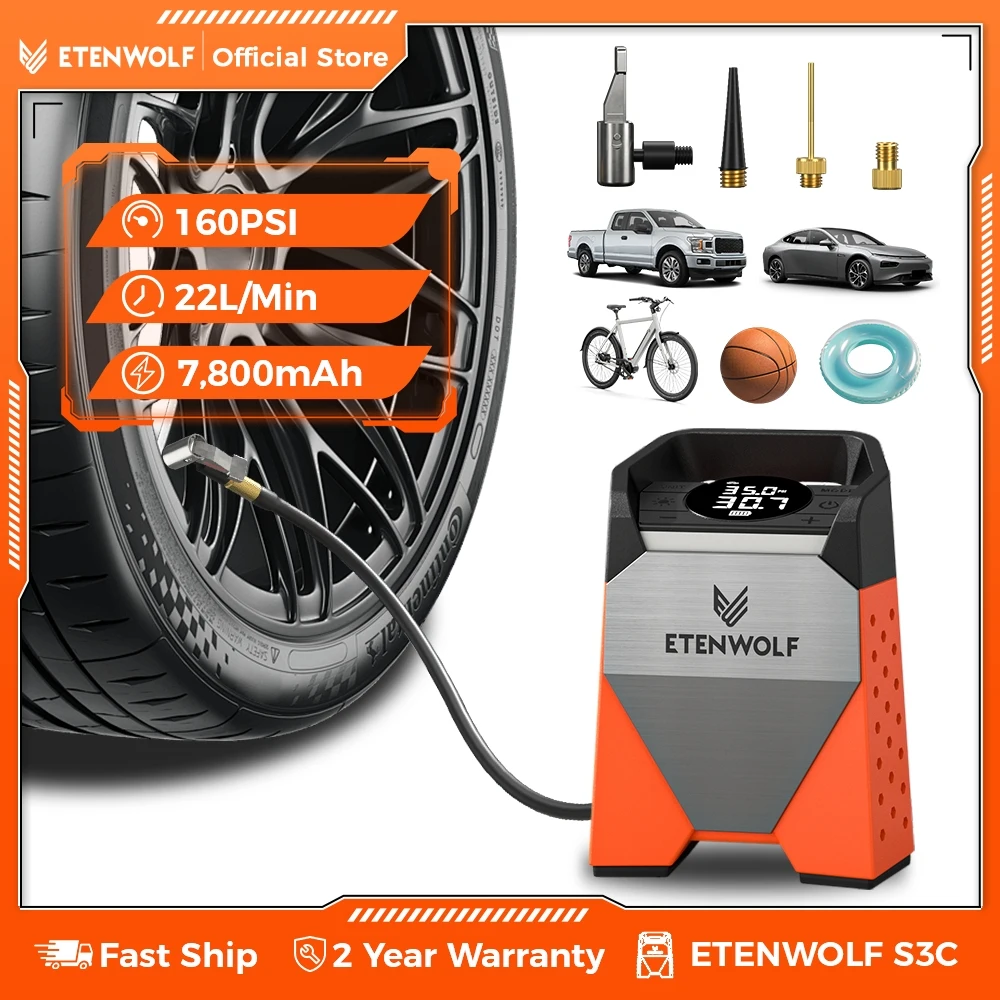 

ETENWOLF S3C Автомобильный компрессор 7800 мАч 160 PSI Портативный насос для накачивания шин Электрический беспроводной воздушный насос для шин Инструменты Powerbank LED
