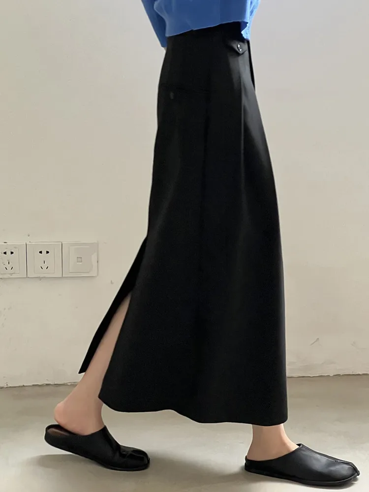 [LANMREM] Temperament High Waist A-line Skirt For Women Black Split Design Office Lady Skirts Fashion 2024 Autumn New 26C331