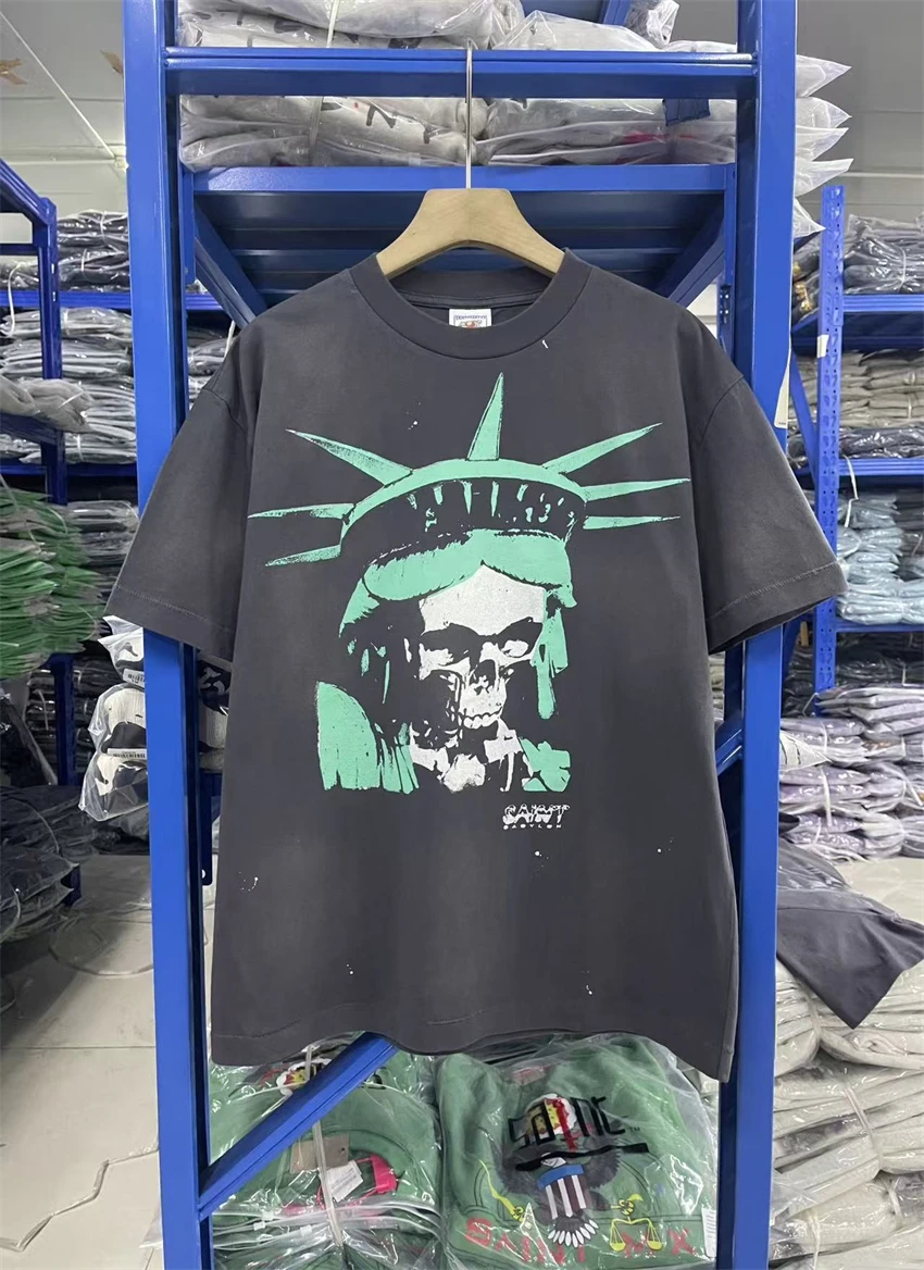 

New Vintage SAINT Washed Free Skeleton Printed Cotton Short Sleeved High Street Versatile Sports Oversize Men Women T-shirt