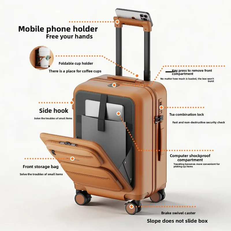 Detachable Front Compartment Carryon 20 Inch Suitcase Front Opening Lid Business Trolley Bag Converts Backpack Suitcases
