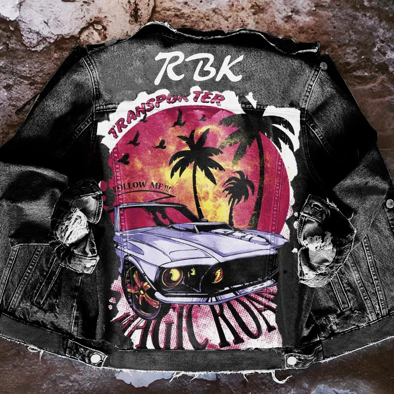 

Women's Denim Jacket 2024 Spring And Autumn New Car Coconut Tree Print Hip Hop Fashion Casual Plus-Size Coat