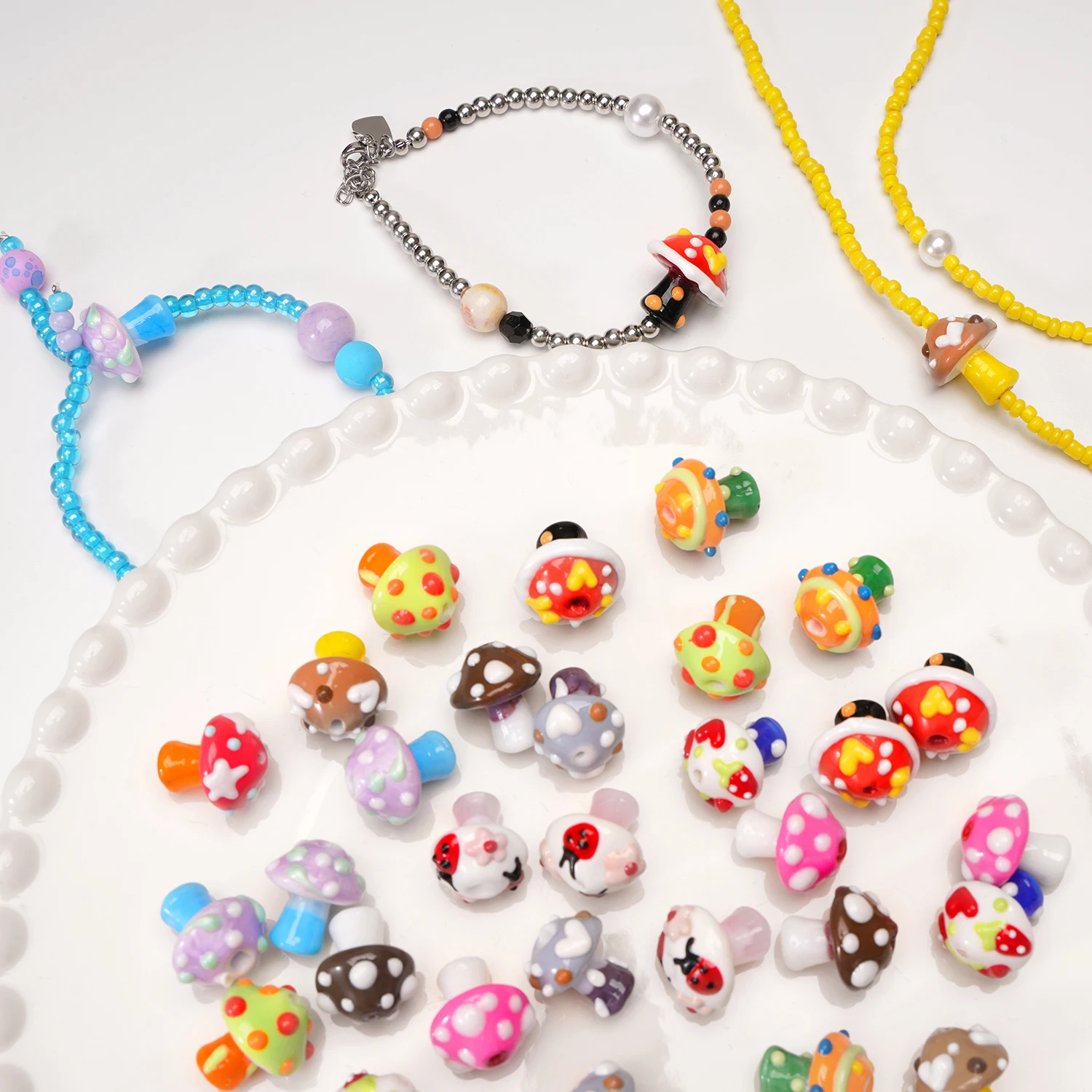 1Pc Cute Hand Drawn Mushroom Lampwork Beads 17x16mm Loose Spacer Beads For Jewelry Making DIY Bracelet Necklace Accessories