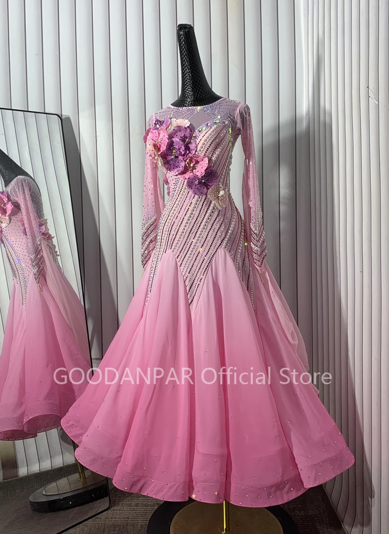 Ballroomdanswedstrijd Jurken Kostuums Walsdansjurk Kleding Danskleding Jurk Standaardjurk Lange mouw roze