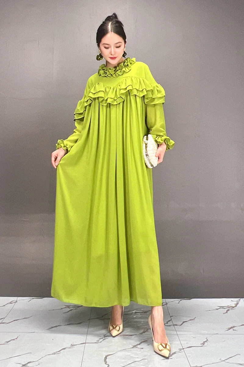 2024 Autumn New Elegant Folds Green Loose Long Dresses Women Trendy Fashion Long Sleeve Dress Wholesale J401