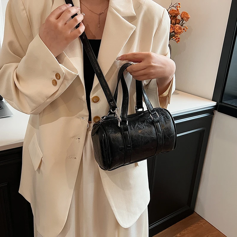 

Solid Color Cylinder Pillow Bag Minimalist Large Capacity Women Handheld Shoulder Crossbody Bag Black Silver