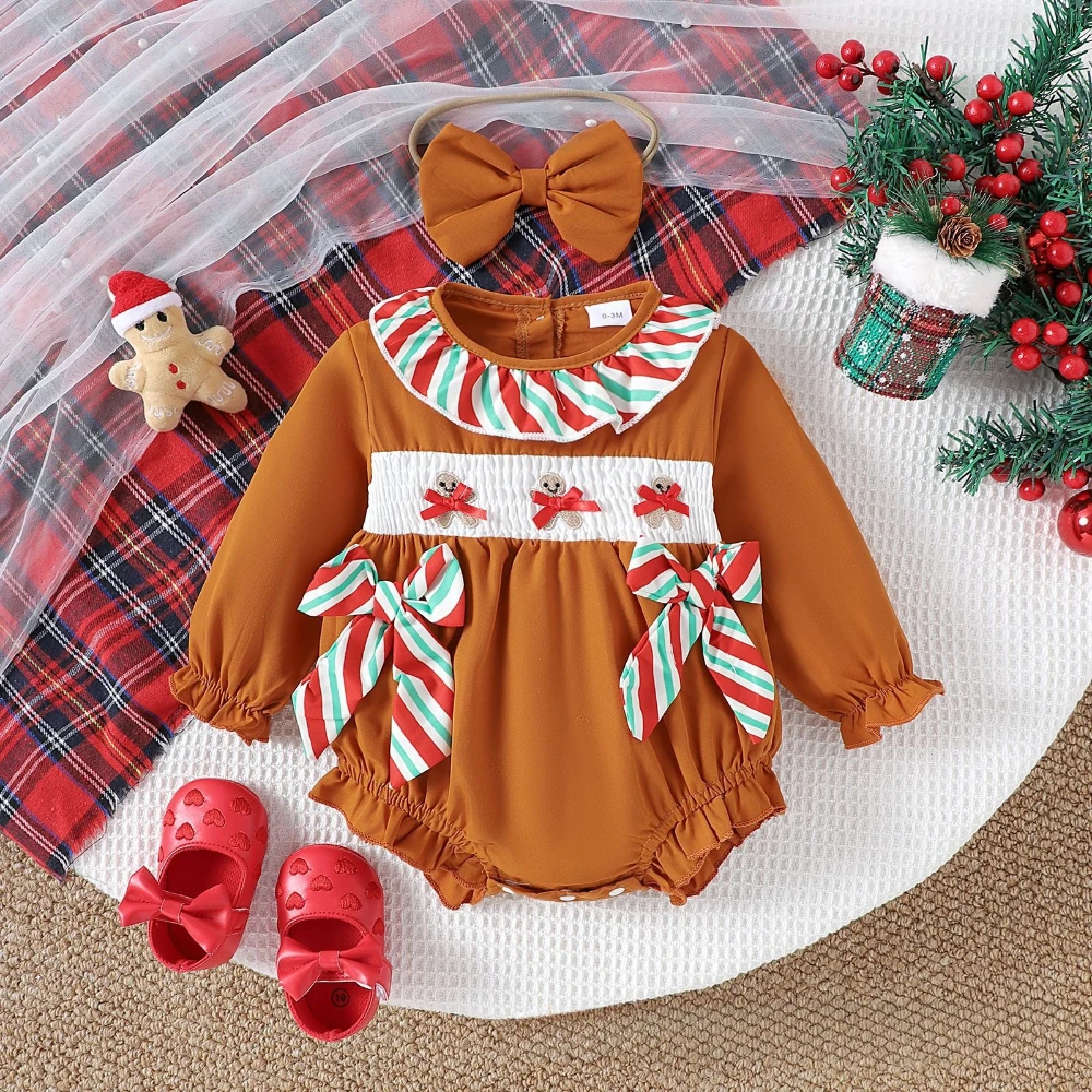 

Autumn New Cute Baby Girl Bow Long Sleeved Jumpsuit Fashionable Christmas Children's Coffee Colored Clothes Thin and Comfortable