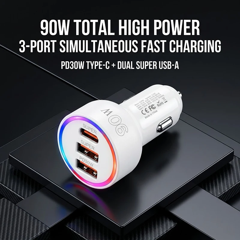 90W Car Charger Adapter with Multi-Color LED Ambient Light 3-Port USB C PD 30W & QC 3.0 Fast Charging For 12-24V Car For iPhone