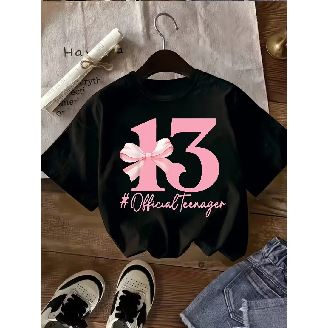 Children's Round Neck T-shirt Fashionable Loose Soft Comfortablebreathable Versatile Youth Ribbon Pattern Top