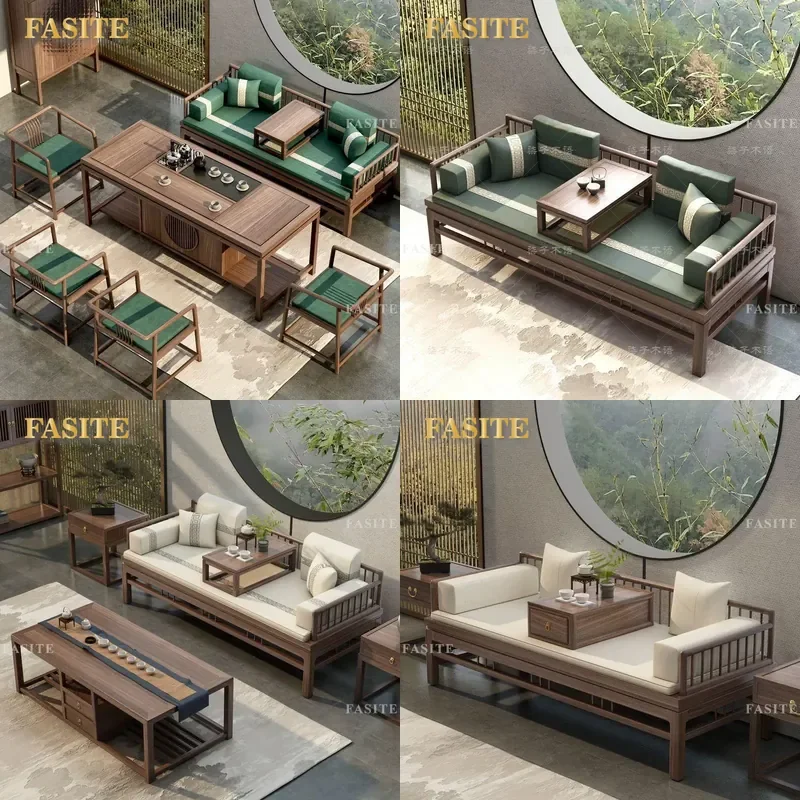 For New Chinese Style Solid Wood Old Elm Bed Collapsible Push-Pull Sofa Improved Arhat Bed Tea Table Chair Combination Living