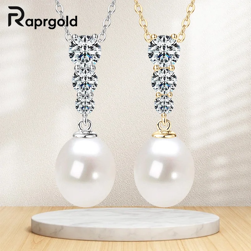 RAPRGOLD 9-10mm Natural Freshwater Pearl Teardrop Pendant Necklace s925 Sterling Silver Chains For Women Fine Jewelry Gifts