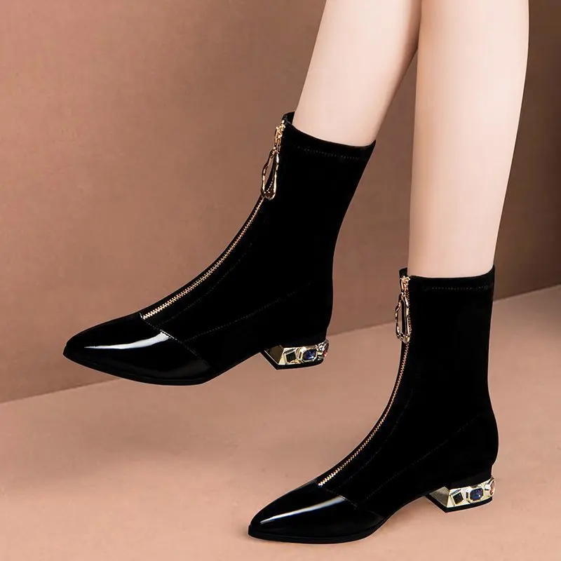 Women Shiny Sequin Ankle Boots Winter Fashion Pointed Front Zipper Rhinestone Square Heels Short Boots Retro Motorcycle Shoes_voghion.com