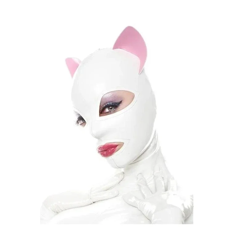 

Sexy White Cosplay Cat Ear Latex Fetish Hood Rubber Mask Catsuit with Back Zipper Halloween Costumes for Women