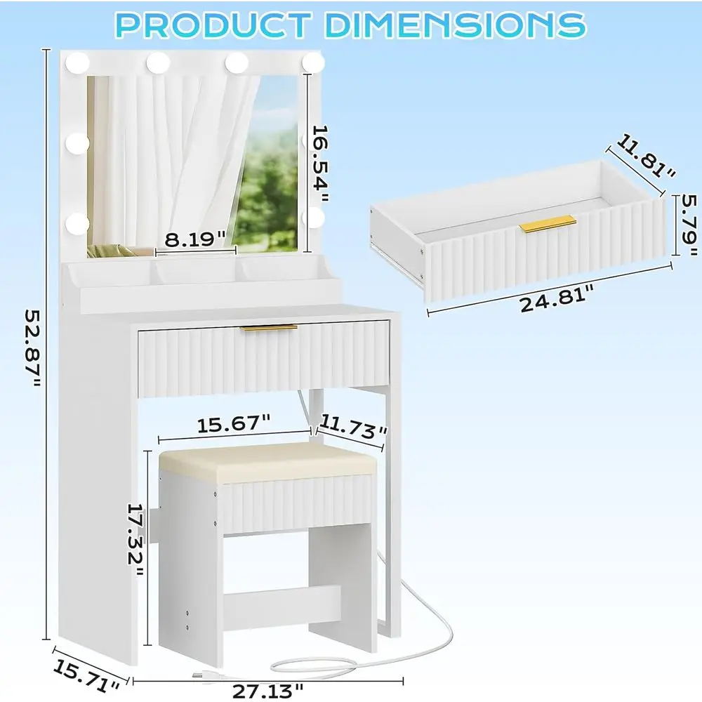 VINGLI luted Makeup Vanity Desk Set with Chair & Mirror & Lights & Power Outlet, Small Vanity Table w/ 1 Ders, White Dring Table