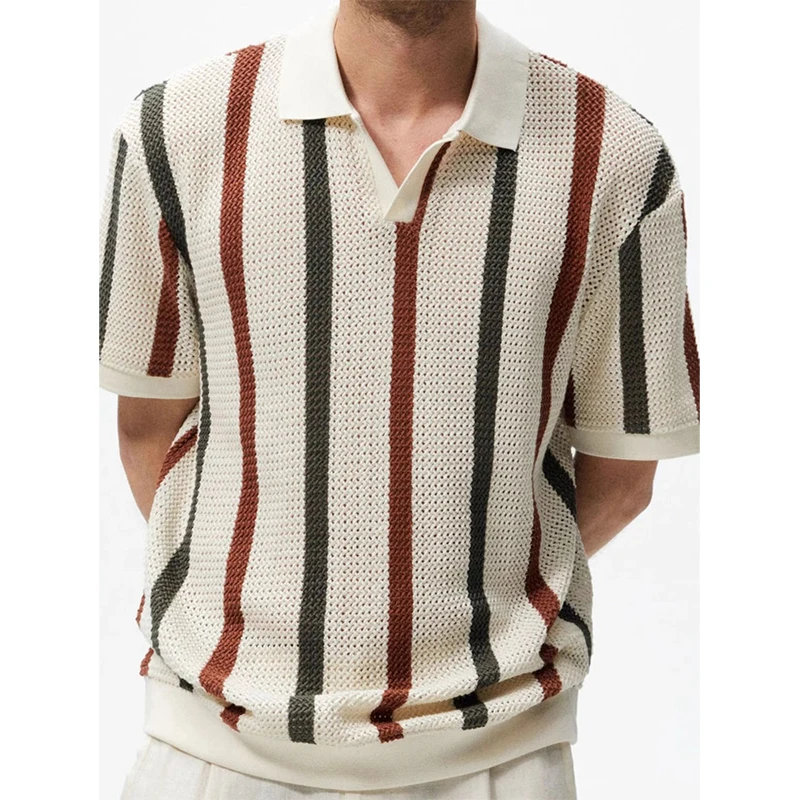 Summer Striped Print Men Short Sleeve Polo T Shirts Hit Color Hollow Out Personality Business Casual 2xl Oversized Clothing Tops