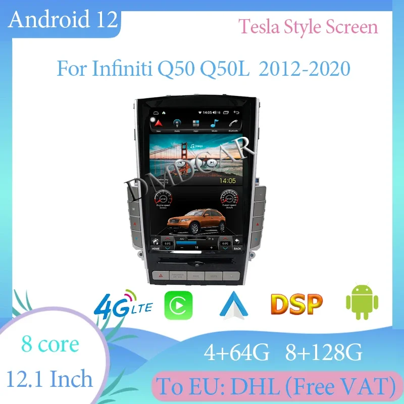 

Wireless Carplay Video Player 12.1" 128G Android 12 Tesla Style Vertical Screen For Infiniti Q50 Q50L 2012 - 2020 GPS Navigation