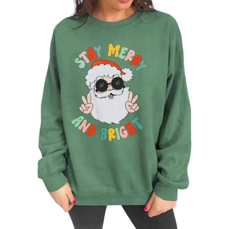 Christmas sweatshirt, happy and bright round neck long sleeved shirt, holiday women's pullover shirt