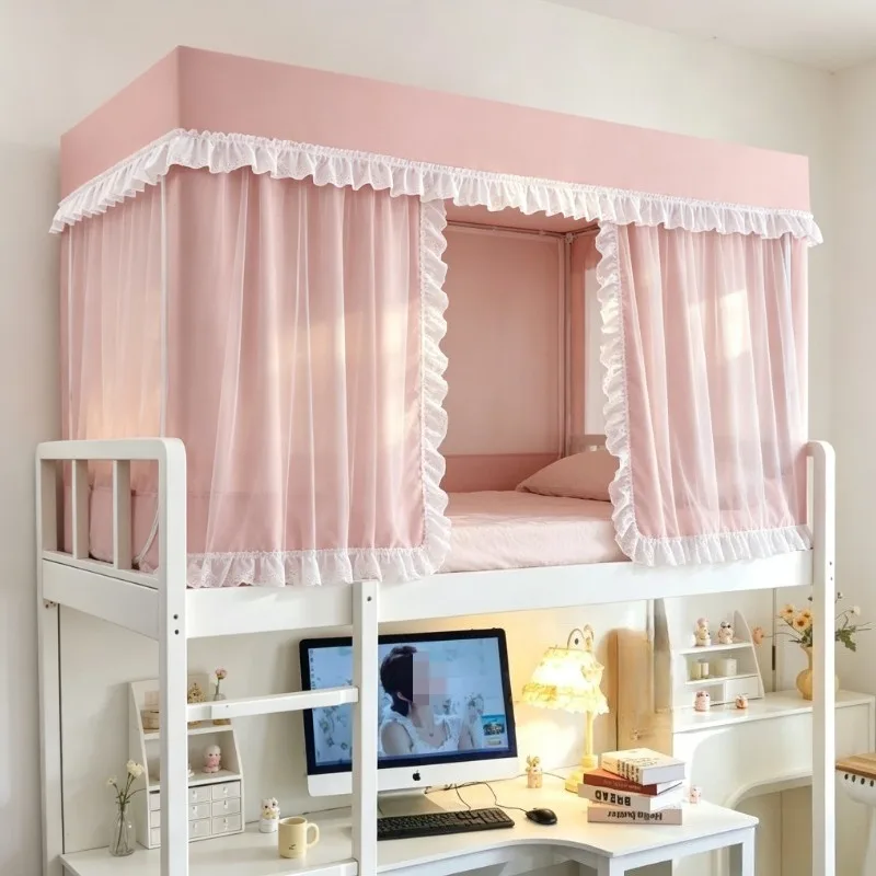 Pink Lace Trim Bed Curtain – Strong Blackout, Fits Single/Double Beds, Elegant Design, Ideal for Bedroom or Hostel Use