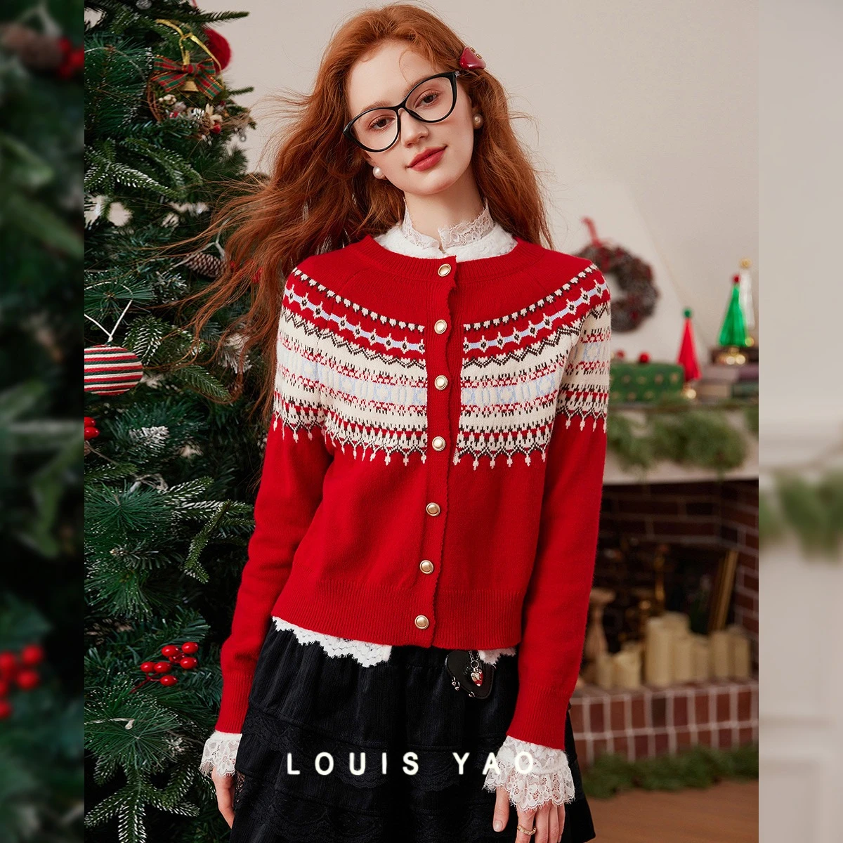 

LOUIS YAO Jacquard Color Contrasting Cardigan 2025 Autumn/Winter Knitwear Casual Micro Elastic Round Neck Women's Knitted Shirt
