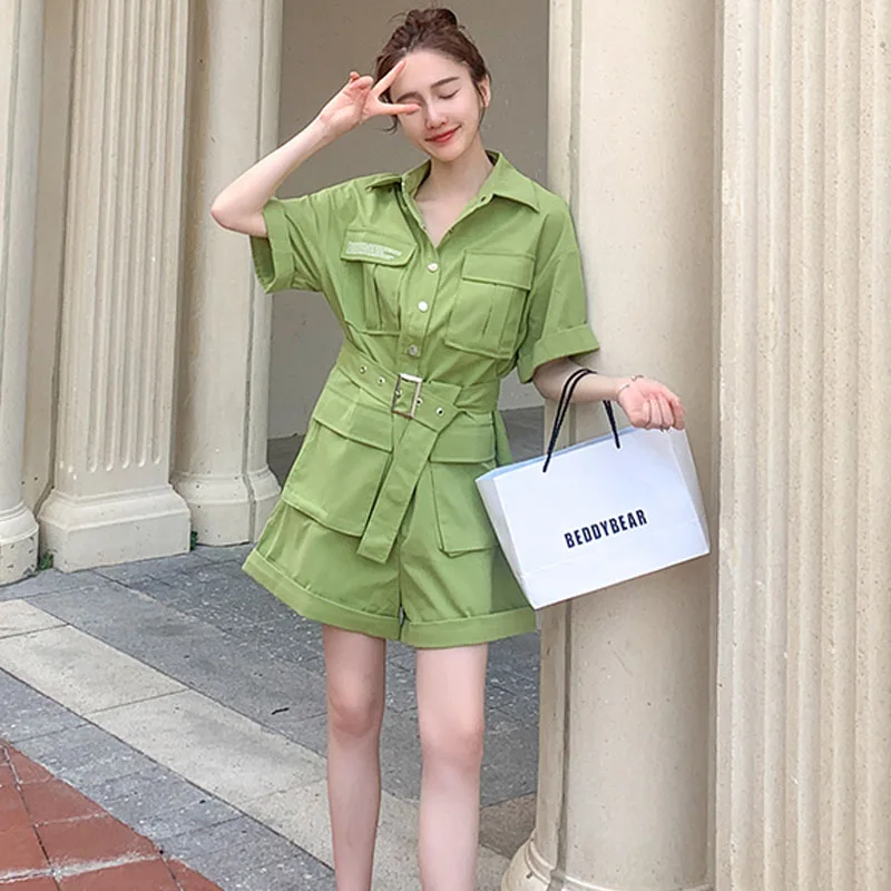 Tuta da donna estiva nuova Tuta da pendolarismo ampia con colletto polo Abbigliamento da lavoro Pantaloncini con lacci