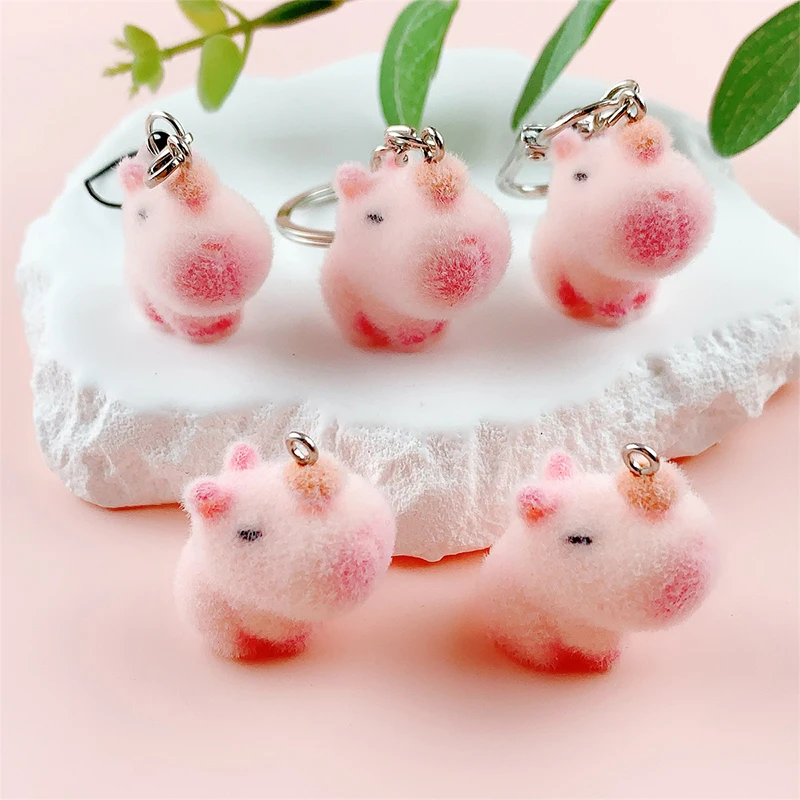 1PC Pink 3D Capybara Flocking Keychain Phone Lanyard Lovely Cartoon Animal Phone Chain Cellphone Charm Keychain Camera Pendant