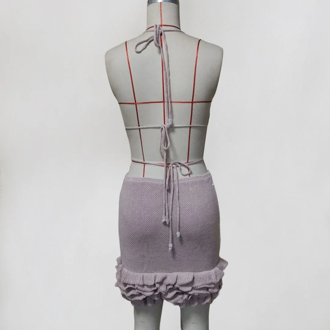 Sexy, ausgeschnittenes, gerüschtes, halterneckiges, gehäkeltes, gestricktes Tunika-Strandkleid, Strandkleid, Strandmode, Damenmode V8234 – Detail 11