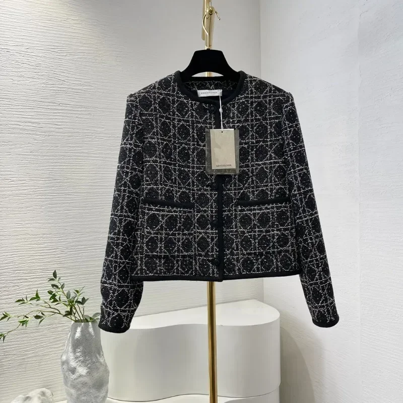 

Black Pocket Round Neck Grid Elegant Office Lady New Fashion 2024 Atutumn Winter High Quality Long Sleeve Tweed Jacket