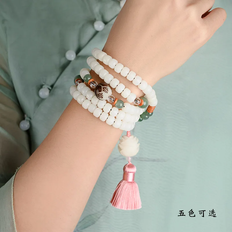 

Creative Bodhi root hand string white jade Bodhi 108 Buddha beads Rosary lotus Bracelet national style necklace tassel girl